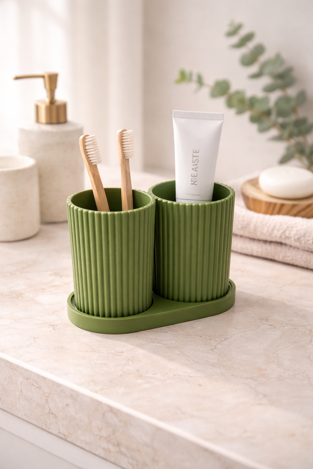 Ribbed 3D Printed Bathroom Organizer with Cups & Tray