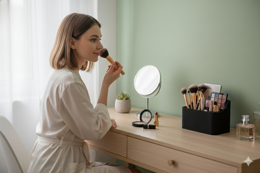 Makeup Brush Organizer with Tray | Multi-Compartment Ribbed Vanity Caddy