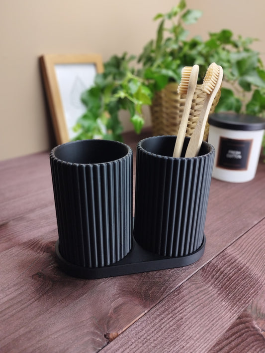 3D printed ribbed bathroom organizer with cups and tray, toothbrush holder, makeup brush storage
