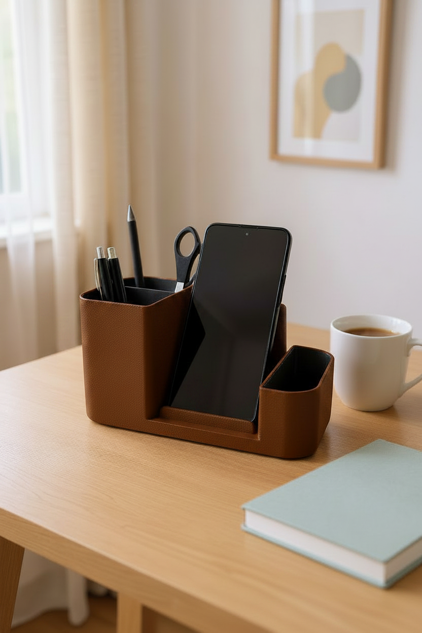 Brown Desk organizer with stationery items on a wooden desk