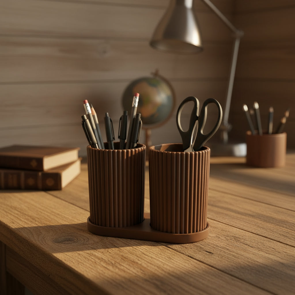 Brown ribbed pen and pencil holder with two cups on a rustic desk.