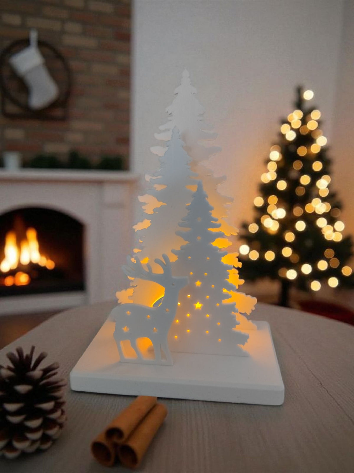 Winter Display Tealight Holder with Reindeer and Christmas Trees | Cozy Holiday Decor for Mantle, Shelf, or Centerpiece