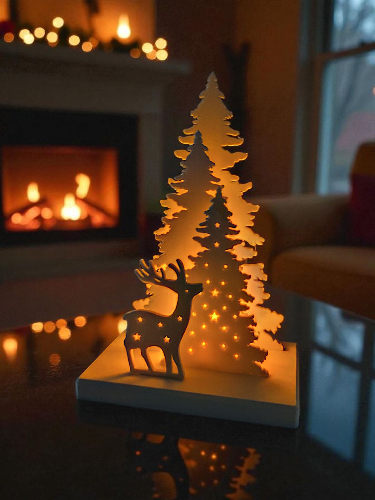 Winter Display Tealight Holder with Reindeer and Christmas Trees | Cozy Holiday Decor for Mantle, Shelf, or Centerpiece