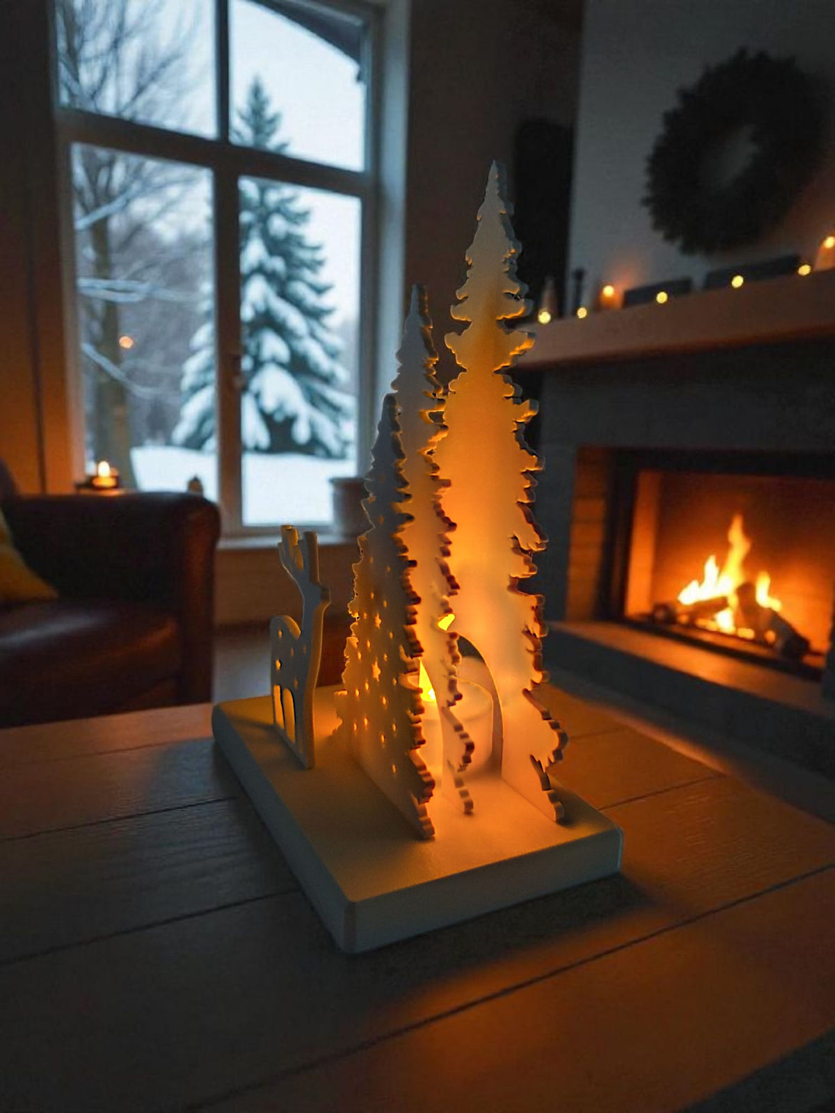 Winter Display Tealight Holder with Reindeer and Christmas Trees | Cozy Holiday Decor for Mantle, Shelf, or Centerpiece