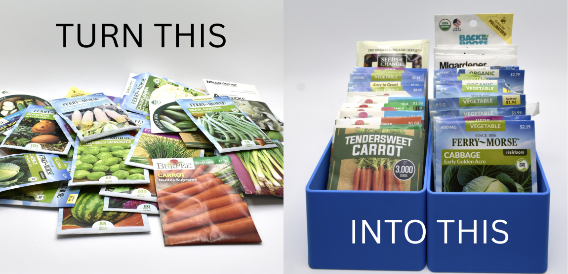 Before and after comparison of a display system for seed packets with text 'TURN THIS INTO THIS'.