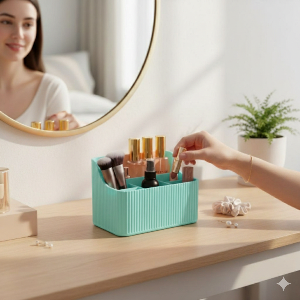 Makeup Brush Organizer with Tray | Multi-Compartment Ribbed Vanity Caddy