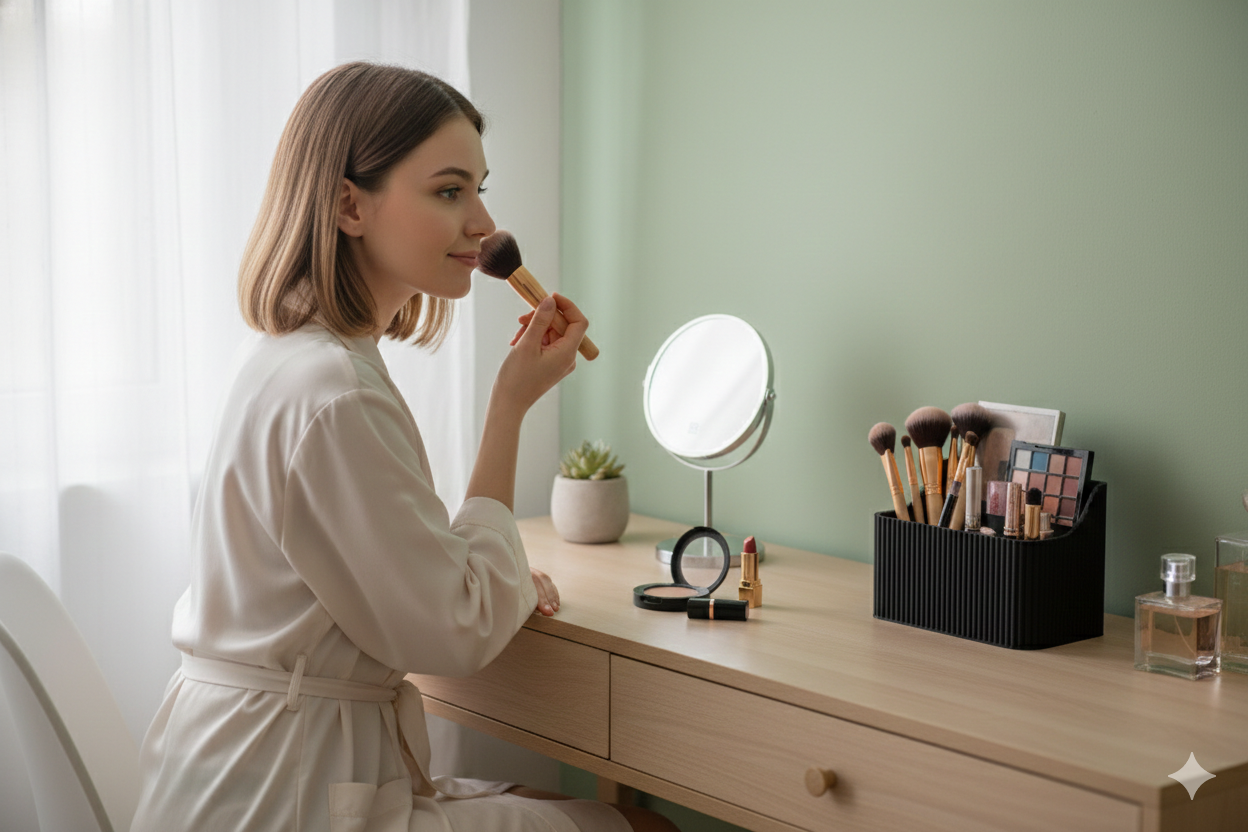 Makeup Brush Organizer with Tray | Multi-Compartment Ribbed Vanity Caddy