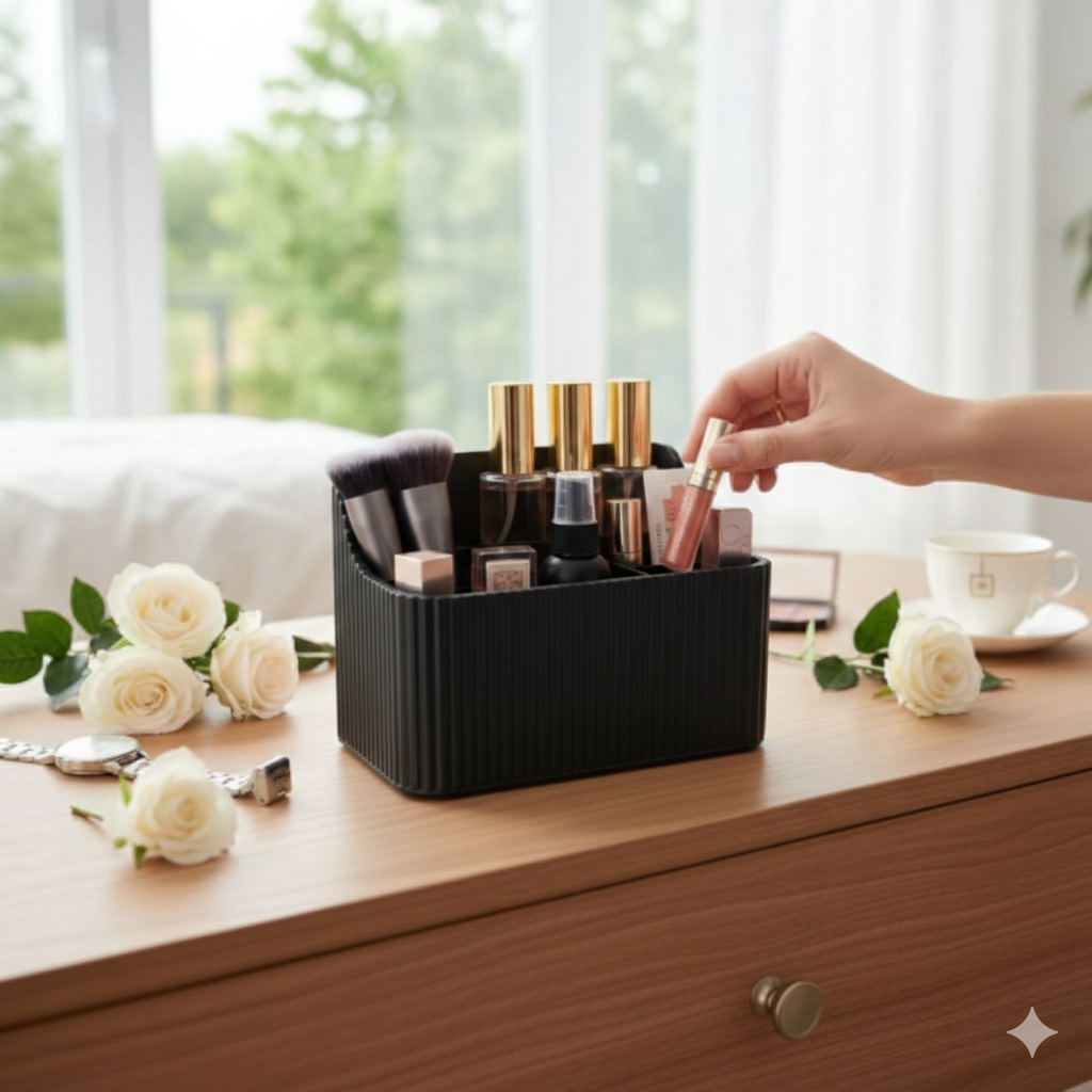 Makeup Brush Organizer with Tray | Multi-Compartment Ribbed Vanity Caddy