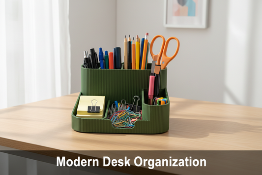 Olive green desk organizer with stationery items, including pens, scissors, and clips, on a desk.