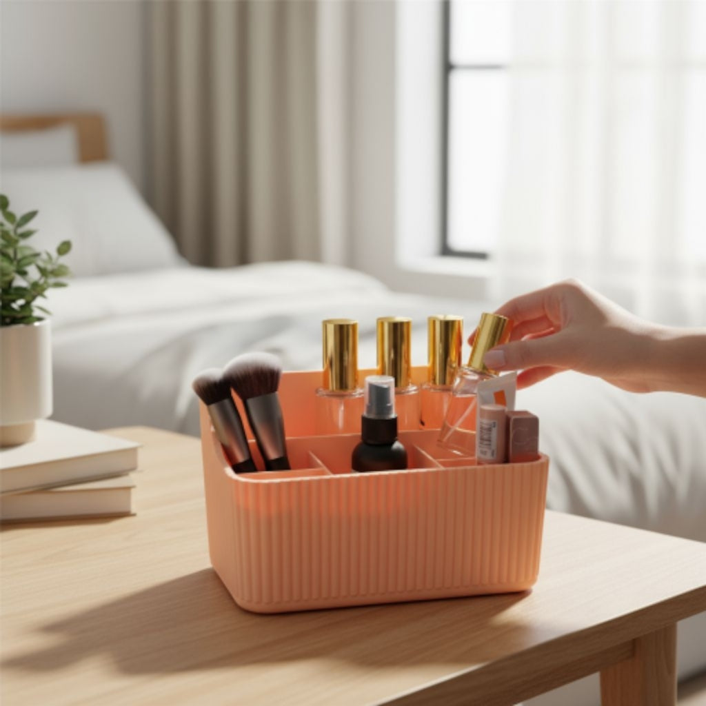 Makeup Brush Organizer with Tray | Multi-Compartment Ribbed Vanity Caddy