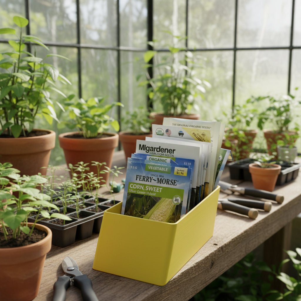 Yellow seed tray in a greenhouse
