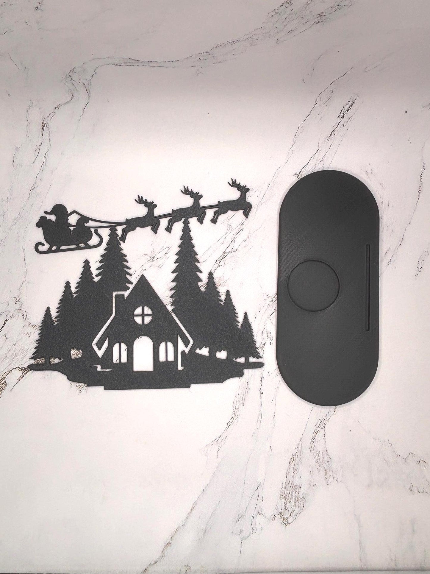 Christmas Tealight Display | Santa and his Reindeer Flying Over Cozy Woodland House