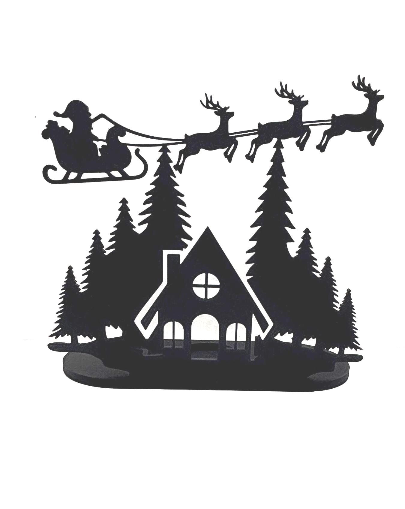 Christmas Tealight Display | Santa and his Reindeer Flying Over Cozy Woodland House