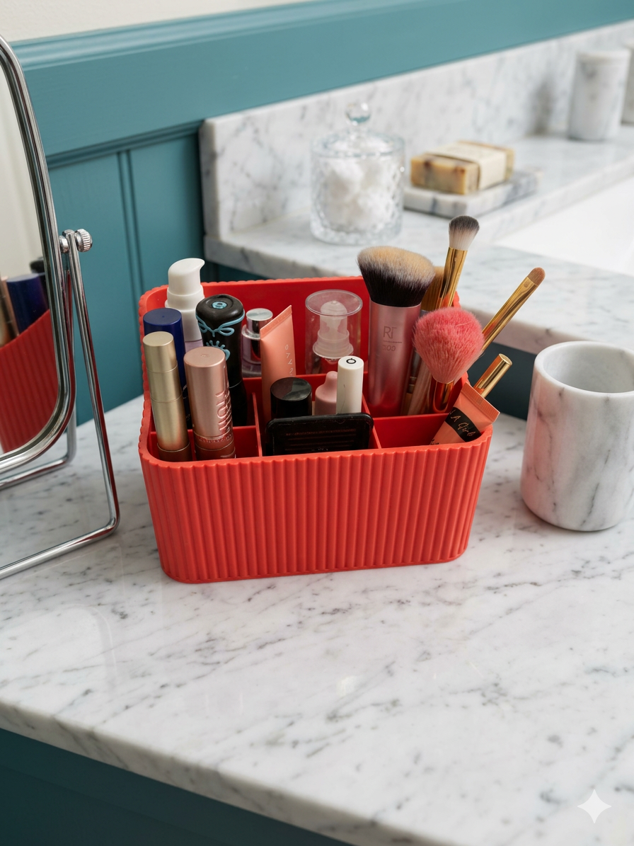Makeup Brush Organizer with Tray | Multi-Compartment Ribbed Vanity Caddy