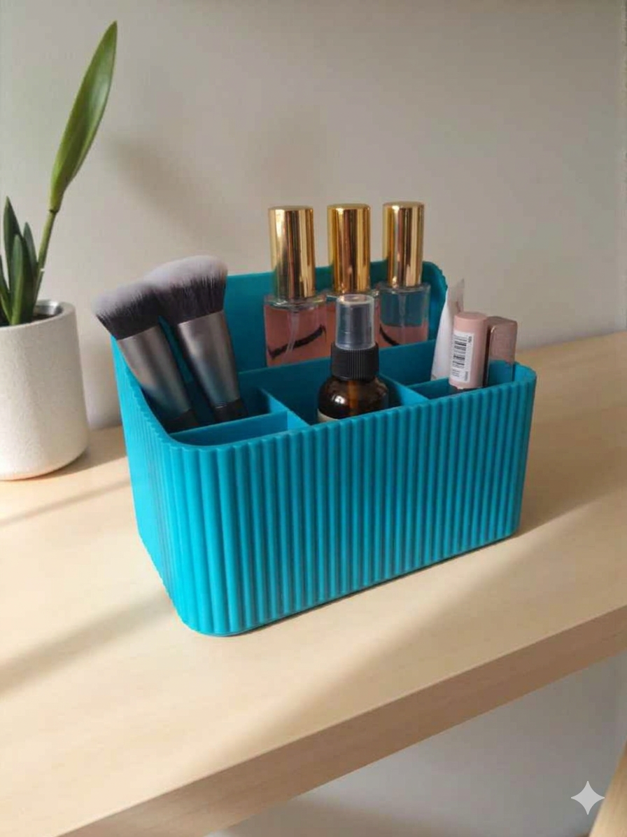 Makeup Brush Organizer with Tray | Multi-Compartment Ribbed Vanity Caddy