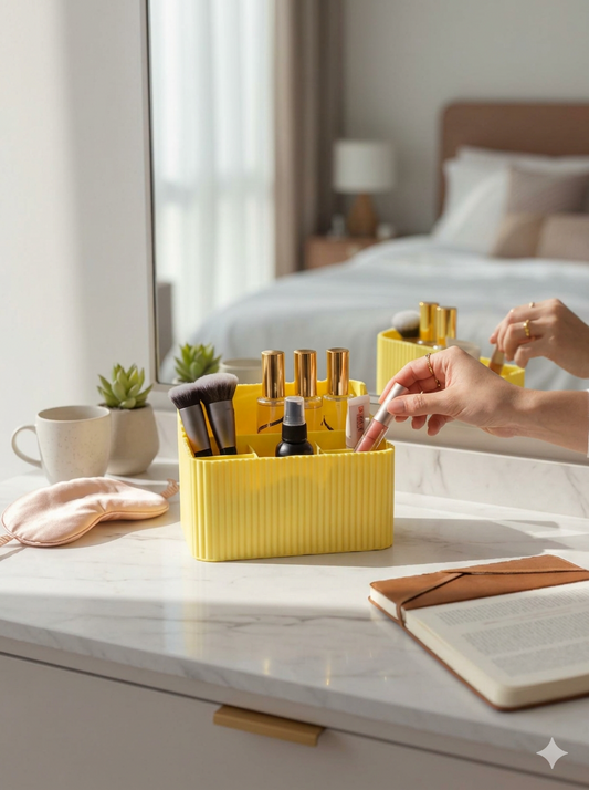Makeup Brush Organizer with Tray | Multi-Compartment Ribbed Vanity Caddy