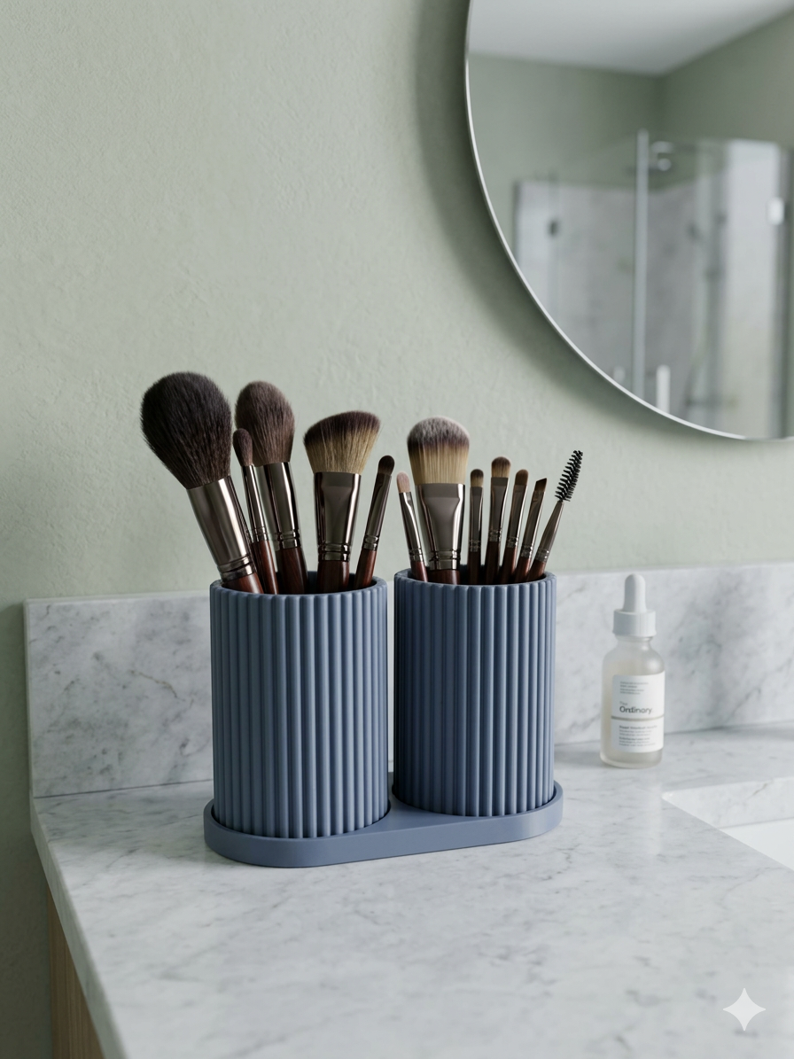 Ribbed 3D Printed Bathroom Organizer with Cups & Tray