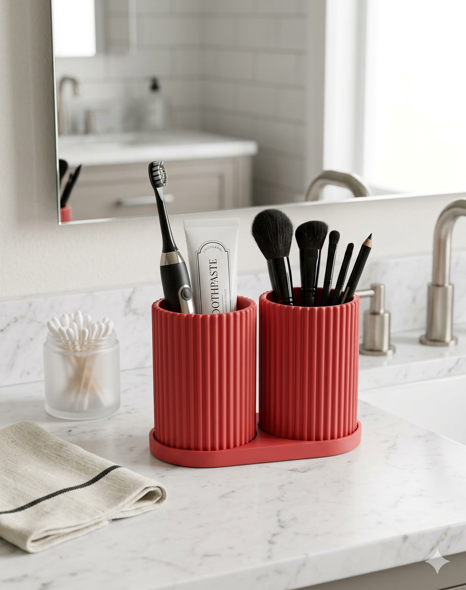 Ribbed 3D Printed Bathroom Organizer with Cups & Tray